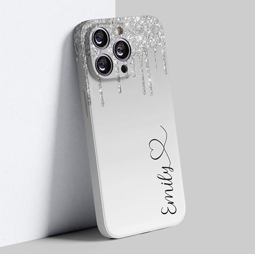 EKAM Personalised Phone Case for iPhone 11 - Marble Glitter Fully 3D Printed Fashion Stylish Custom Name With Heart Shockproof TPU Bumper back Cover (Silver, iPhone 11)