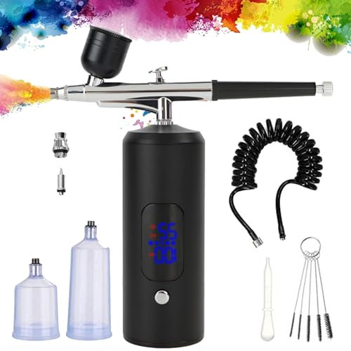 Set aerografo con compressore, kit aerografo portatile 38PSI, pistola a spruzzo con compressore, portatile, senza fili, con schermo LCD, ugelli da 0,3 mm, doppia azione