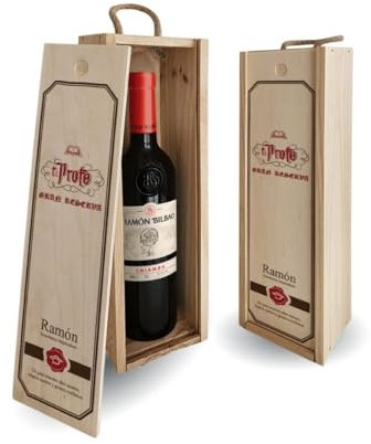 DEREGALOOS Set de Vino Personalizado Profesores | Regalo Original Personalizado | Caja de madera con o sin Botella de Vino | Regalo Fin de curso (Crianza Ramón Bilbao, Profe gran reserva)