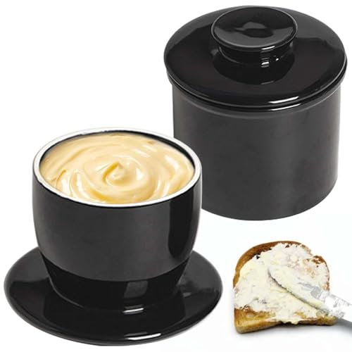 Französische Butterdose, Keramik Butterdose mit Rund Deckel, Butterdose Wassergekühlt mit Wasserlinie, Butter Glocke, Keramische Butterglocke für Streichfähige Butter Schwarz