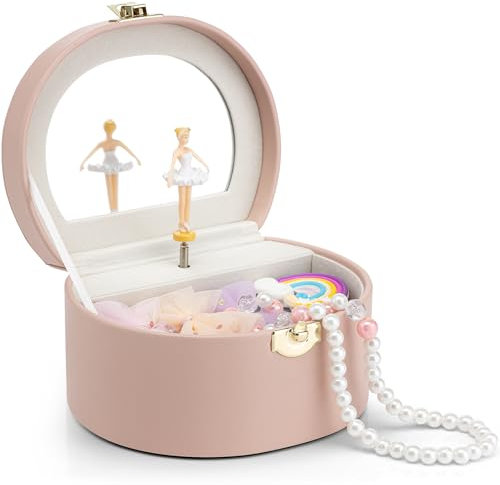 Vlando Musik-Schmuckkästchen mit drehender Ballerina, handliche Schmuckaufbewahrungsbox für Kinder, Spieluhr, Schmuck-Aufbewahrungsboxen mit Deckel für Kinder, Armband, Ring, Halsband, Rosa