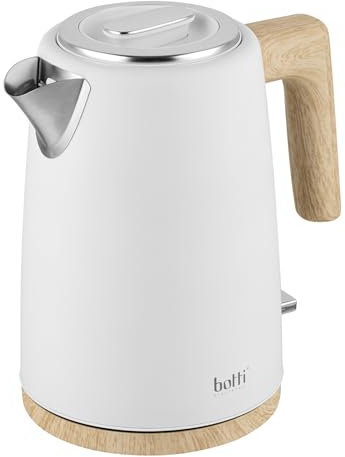 Botti Pedro elektrischer Wasserkocher 1,7L weiß | 2200W Leistung | Gebürsteter Edelstahl | Flaches Heizelement | Automatische Abschaltung | Strix-Steuerung | Ästhetisches Design