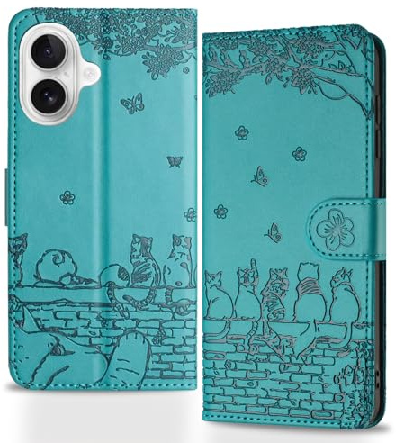 Butnyeoe for iPhone 16 Phone Case with Card Holder and Strap Magnetic, iPhone 16 Flip Case for Women Cute Cats Leather Wallet Cover-Blue Green
