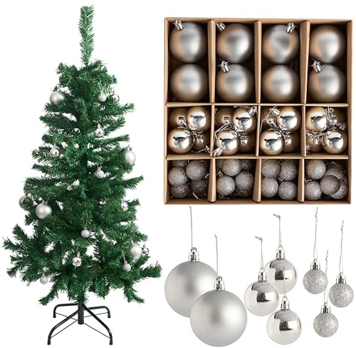 THE TWIDDLERS - 1 4ft / 1.2m Christmas Trees with Strong Metal Stand and 260 Tips & 50-Pack Silver Christmas Baubles - Assorted Sizes and Finishes - 6cm, 4cm, 3cm