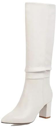 Stivali alti da donna con tacco alto, per autunno e inverno, con tacco quadrato, stivali alti al ginocchio, bianco, 37.5 EU