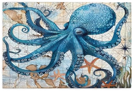 Mexpekil 1000 Teile Puzzles für Erwachsene Vintage Blau Meer Oktopus Weltkarte Holzpuzzles Herausfordernde Puzzlespiele für Jugendliche Geschenke