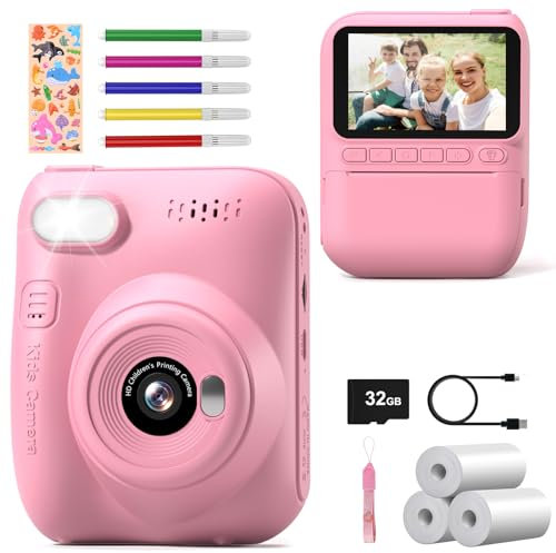 Appareil Photo Instantané Enfant,3,0 Pouces 1080P Appareil Photo Numérique Enfant avec Carte 32GB & Papier Photo, Stylos Colorés,Noël Anniversaire Cadeau pour Filles Garçons 3-12 Ans