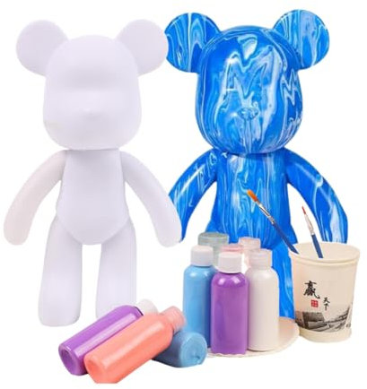 Worldwide Ours à peindre DIY - Kit de peinture créatif pour adultes et enfants - Figurine d'ours avec 3 couleurs, pinceaux et accessoires - Cadeau et décoration d'intérieur (bleu ciel)