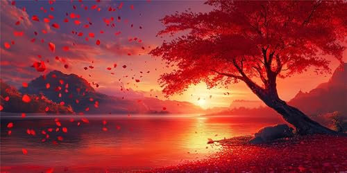 Malen Nach Zahlen Sonnenuntergang, Malen Nach Zahlen Erwachsene, DIY Ölgemälde Leinwand Set mit 3 Pinsel Acrylpigment für Frauen Home Deko Geburtstag Weihnachten Geschenk 60x120 cm Roter Baum Z-1428