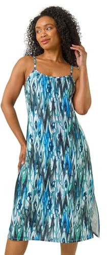 Roman Plain Stretch Jersey Pocket Midi Dress for Women UK - Ladies Spring Everyday Summer Holiday V-Neckline Comfy Sleeveless Soft Frock Vacation Gowns - Petite Blue - Size 18