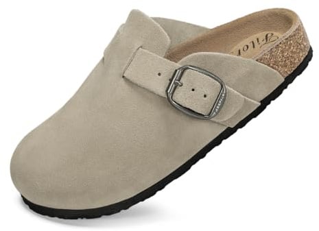 FITORY Women's Leather Clogs, Flat Slip On Suede Mules Greige Size 6