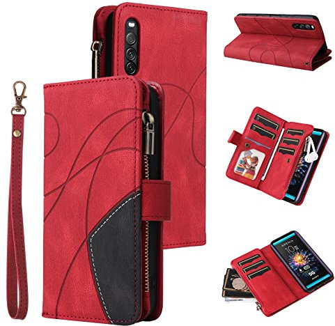 Étui à rabat pour téléphone Compatible with Sony Xperia 10 III Neuf cartes à glissière portefeuille porte-carte Slot Strap de poignet Bande de téléphone Boîtier Flip Téléphone Compatible with Sony Xpe