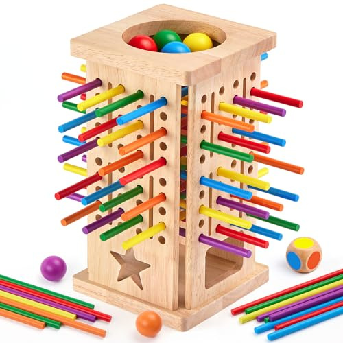 Montrix Montessori Spiel Brettspiel aus Holz, 42 Bunte Holzstäbchen Lernspiele ab 3 4 5 6 Jahre, Feinmotorik & Mathematik Kinderspiele Familienspiel Reisespiel für Kinder Geschenk Jungen Mädchen