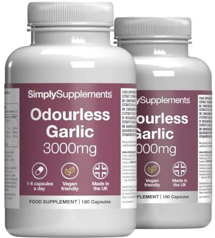 Odourless Garlic 3000mg with Vitamin C, B1 & Iron | 360 Vegan Capsules | Vitamin C supports immunity | Iron supports oxygen transport | B1 supports normal heart function | High Strength Formula