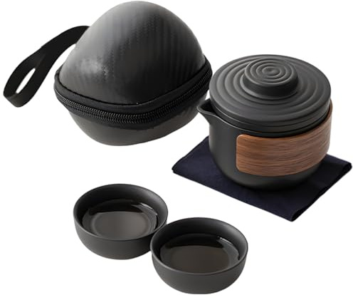 YOFAPA 4 PCS Portable Travel Tea Set, Mini Kung Fu Tea Pot and Cups with Black Carry Case, Compact Ceramic Tea Pot Kit for Outdoor Camping, Office Tea Breaks, Afternoon Tea