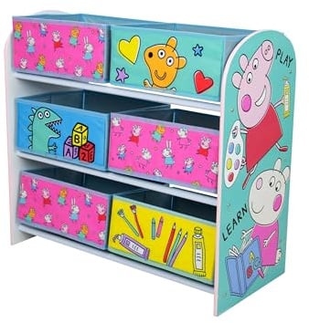 Character World Official Peppa Pig Children's Storage Unit - Wooden Shelves with 6 Fabric Containers, Toys Book Storage Organiser for Kids Playroom, Bedroom