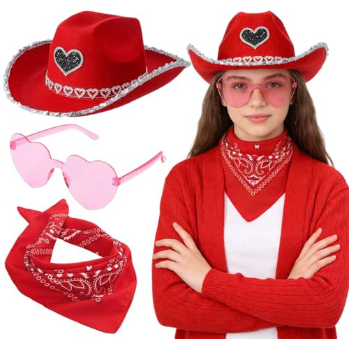 JynxtoyZeal Western Cowboy Hut Set für Männer und Frauen, 3pcs Rot Cowgirl Kostüm Zubehör Set, Hut Brille Kopftuch für Maskerade Hen Partys, Karneval, Bachelor Party Cosplay & Valentinstagsgeschenke