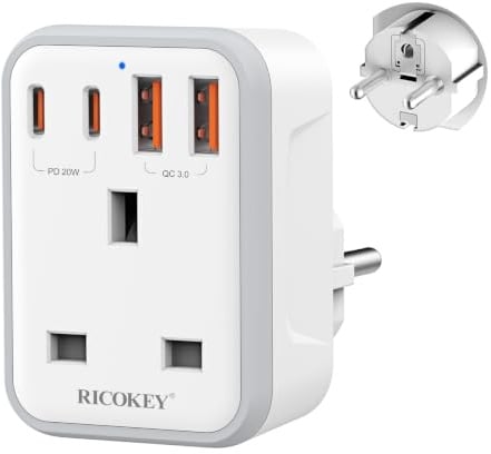 UK to European Travel Plug Adapter Fast Charge PD 20W USB-C QC 3.0 | Grounded Type E/F EU Power Plug Adaptor Charger for Germany, Spain, Turkey, France, Greece, Iceland, Poland and More