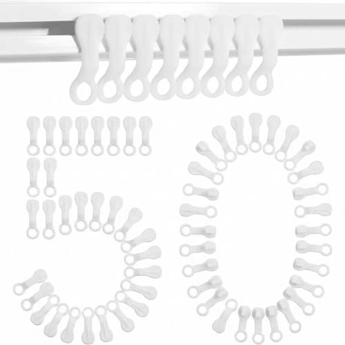 50PCS Curtain Track Gliders, White Plastic Curtain Track Runners Hooks for Old Tracks, Strong Easy-Fit Rail Glider Hooks for Smooth Sliding, for Window, Door, Living Room & Bedroom Curtains