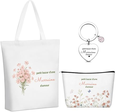 AHEZQILU Cadeau pour Marraine, Set de 3 avec Sac Cabas 42x38cm, Trousse et Porte-clés, Annonce Parrain Originale pour Baptême Anniversaire, Petit Bazar d une Marraine d Amour