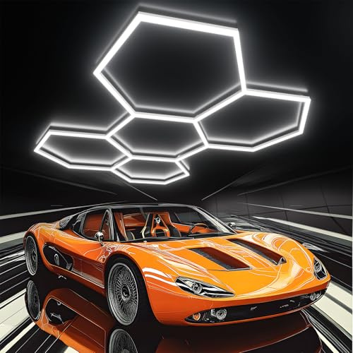Oyajia Hexagon - Lampada da soffitto a LED, 5 esagoni, 192 W, per garage, 6500 K, colore bianco, per garage, officina, magazzino, cantina, palestra, salone (senza rettangolo, 243 x 166 x 3,7 cm)