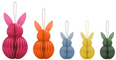 REMEMBER Baumschmuck Osterhasen, 5er Set, H 16.6 cm, Ø 9 cm – Dekorative Osteranhänger aus Papier für Zweige und Osterstrauß, farbenfroher Osterschmuck im Set