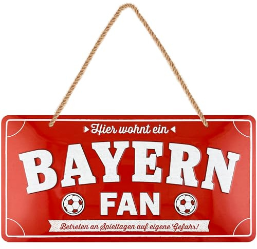LANOLU retro Blechschild, hier wohnt ein Bayern Fan, lustiges Fußball Fan Schild zum Aufhängen, Vatertag Geschenkidee für München Fans, Kordelschild aus Metall, 16x32 cm