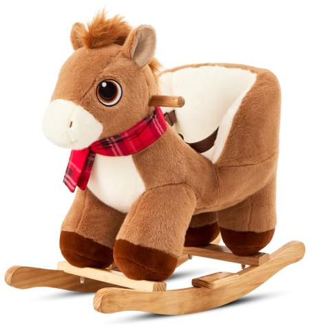 FUNLIO Pony Rocking Horse for Toddlers 6 Months to 3 Years, Cute Baby Rocking Horse with Safety Belt, Stuffed Plush Ride on Horse, Easy to Assemble Baby Rocker, Nursery, CPC & CE Certified - Brown