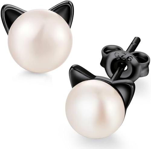 jiamiaoi Katze Ohrringe Kinder Ohrringe Katze Ohrstecker Perle Katzen Ohrringe Silber 925 Perle Katzen Schmuck Echte Perlenohrringe Kazte Deco Katzen Ohrringe für Mädchen Damen
