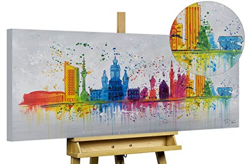 KunstLoft Leinwandbild | 100% HANDGEMALT | 120x60cm | Gemälde 'Leipzig Silhouette' | Skyline | Bunt Grau | Wandbild Wohnzimmer