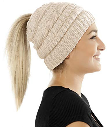 Damen & Mädchen Strickmütze mit Zopfloch - gestrickte Wintermütze (5a) (Beige)