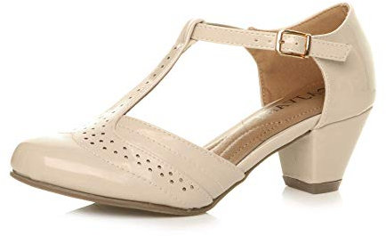 AJVANI mid Cuban Heel Cut Out T-bar Mary Jane Brogues Sandals Shoes Size 4 37 Nude Patent