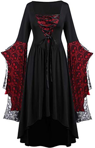Lazzboy Kleider Frauen Schädel Spitze Glocken Hülsen übergroßes Gothic Halloween Kleid Festlich A-linie Schnürkleid Mit Schmetterlingsärmeln Kostüm Für Damen(Schwarz,XL)