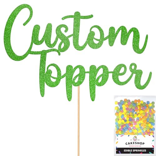 Any Text Personalised Glitter Cake Topper - Green Name, Age, Words Glitter Cake Decoration and Sprinkles - Happy Birthday Decorations - Personalised Toppers for Cakes by Cakeshop