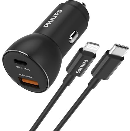 PHILIPS DLP2521L/00 - Autoladegerät mit USB-A und USB-C Anschlüss und Lightning-Kabel für iPhone - USB-C to Lightning 1 Meter - Schwarz