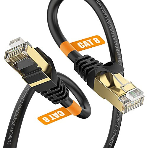 Cat8 Ethernet Cable 50FT-40Gbps-26AWG Heavy Duty Triple Shielded & Ground Wire Weatherproof Long Distance Internet Network Cord,Gold-Plated RJ45 Cat 8 LAN Line with 30 Clips for Router