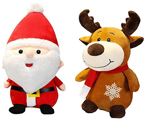 Liuer Weihnachten Plüschtier 2PCS Weihnachten Kuscheltiere Süßes Muster Weihnachten Ornament Dekoration Plüschtiere für Jungen Mädchen Kinder (Weihnachtsmann + Elch)