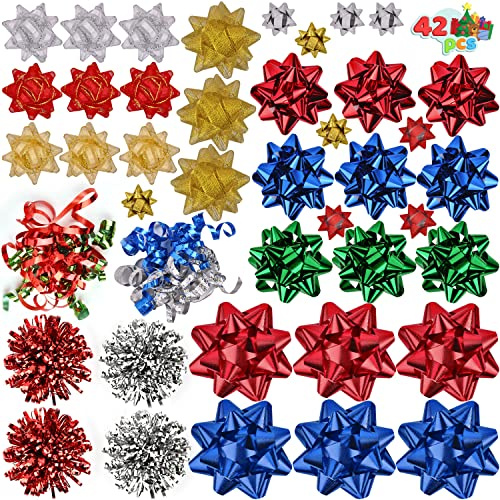 JOYIN 42 Pcs Weihnachten Sortiert Geschenk Schleifen mit 36 Multi-Colored Größe Selbstklebende Geschenk Schleifen, 2 Curly Schleifen und 4 Tinsel Schleifen für Packungen, Wrapping Ribbon (4 Größen)