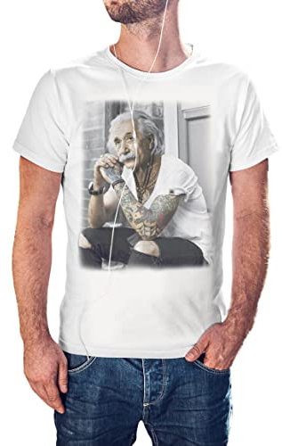 KMF T-SHIRT - Camiseta Hombre Einstein Tattoo Urban (Blanco, 2XL)