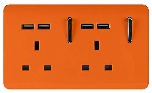 Trendi 2 Gang Artistic Modern Glossy Screwless Raised 13 Amp 240v Short 4 USB Type A Charging Points Double Chrome Switched Electrical Wall Plug Socket Sunset Orange - ART-SKT213USBOR