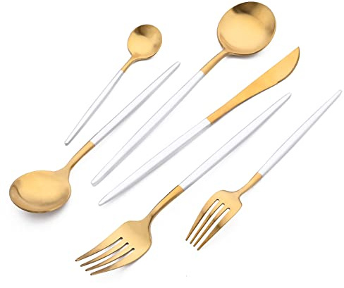 Snplowum - Juego de vajilla de 24 piezas de oro mate, utensilios de acero inoxidable 18/10 con mango blanco para cena y postre, juego de cubiertos para restaurante, servicio para 4 (oro blanco)
