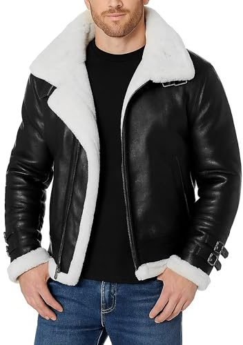 III-Fashions Mens Aviator B3 White Fur Shearling Pilot Removable Hooded Black Flight Bomber Leather Jacket Sheepskin Coat
