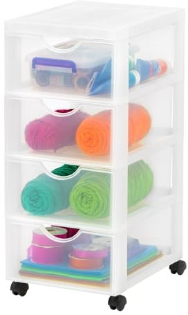 Iris Ohyama Kunststoff-Schubladenbox mit Rollen, 4 flachen Schubladen, Mattweiß, Griffe zum Ziehen, Für Schlafzimmer, Schule & Büro, BPA-frei, Schubladenschrank, Rollcontainer, A4 Drawer, DDDC-004
