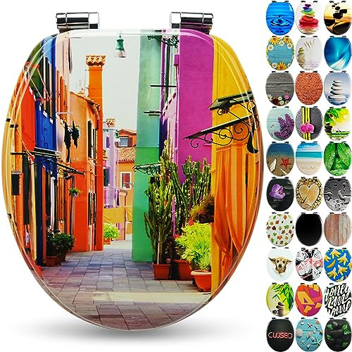SANFINO® Premium Abattant WC en Bois avec Frein de Chute, qualité supérieure, Nombreux Motifs colorés, Confortable, Installation Facile, Notice de Montage Incluse – „Colorful Houses