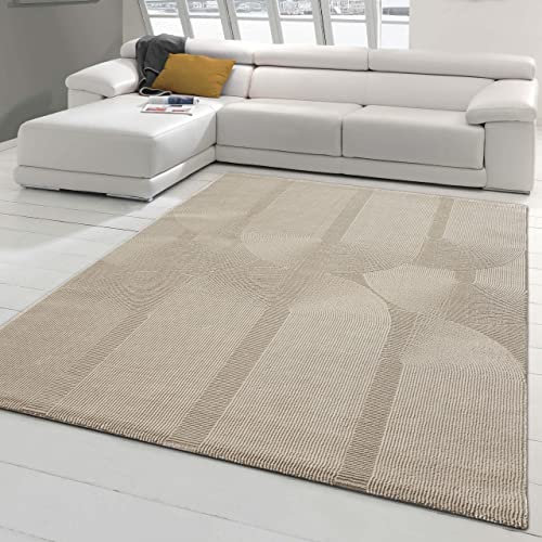 Recycle Teppich mit modernen ovalen Formen liniert • umweltfreundlich • in beige, 160 x 230 cm