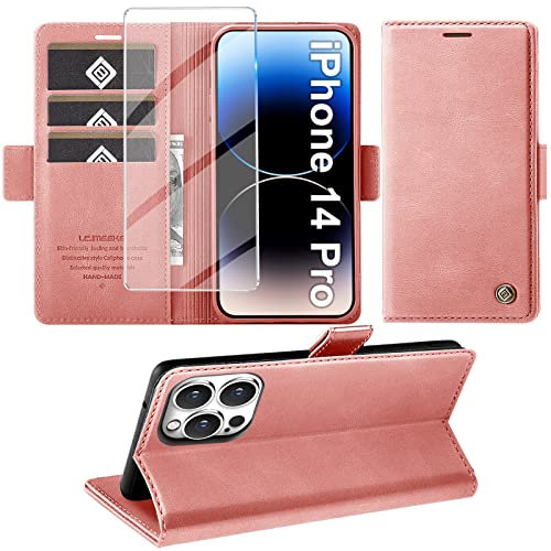 Giyer Handyhülle für iPhone 14 Pro Hülle mit Schutzfolie, Standfunktion Kartenfach Wallet Premium Leder Schutzhülle für iPhone 14 Pro 5G 6.1 Zoll Flip Case Cover Stoßfeste Klapphülle (Rosa)