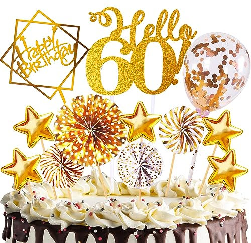 Tortendeko Geburtstag,Happy Birthday 60 jahre Kuchendeko Frauen Männer,60. Cake Topper,Cupcake Topper mit Sternen Konfetti-Luftballons und Papierfächer für 60 Geburtstag