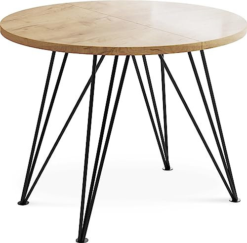 WFL GROUP Runder Ausziehbarer Esstisch - Loft Style Tisch mit Metallbeinen - 100 bis 180 cm - Industrieller Rund Tisch für Wohnzimmer - Spacesaver - Eiche Craft