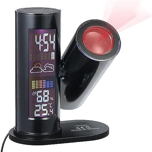 MOUNW Weather Station Projection Clock, LCD Digital Projection Alarm Clock, Temperature and Humidity Projector, Table Clock with LED Backlight, for Bedrooms, Home, Office