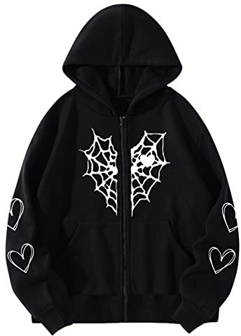 Damen Y2K Jacke Zip Up Hoodies Harajuku Hip Hop Sweatshirt Vintage Goth Druck Kapuzenjacke Frauen Heart Print Gothic Style Langarm Hoodlies Zipper Thermal Hoodie with Pocket Coat